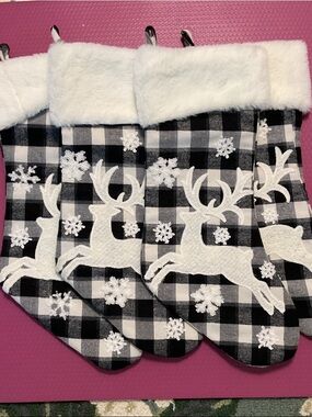 Plaid Black & White Reindeer Holiday Stocking with Faux Fur Cuff